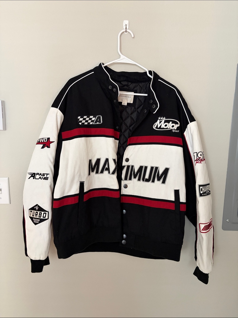 Aeropostale Black, White & Red Racing-Style Bomber Jacket